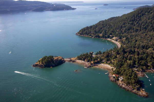 Aerial view of Bowen Island during a sunny summer day. Located in Howe Sound, Northwest of Vancouver, BC, Canada.