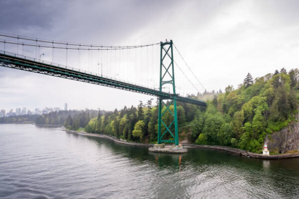 Lions Gate Bridge over the Burrard Inlet at the edge of Stanley Park, Vancouver, British Columbia, Canada